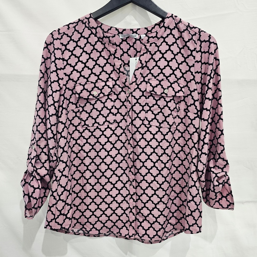 New Notations Large Pink Black Quatrefoil Print Roll Tab Sleeve Blouse Workwear